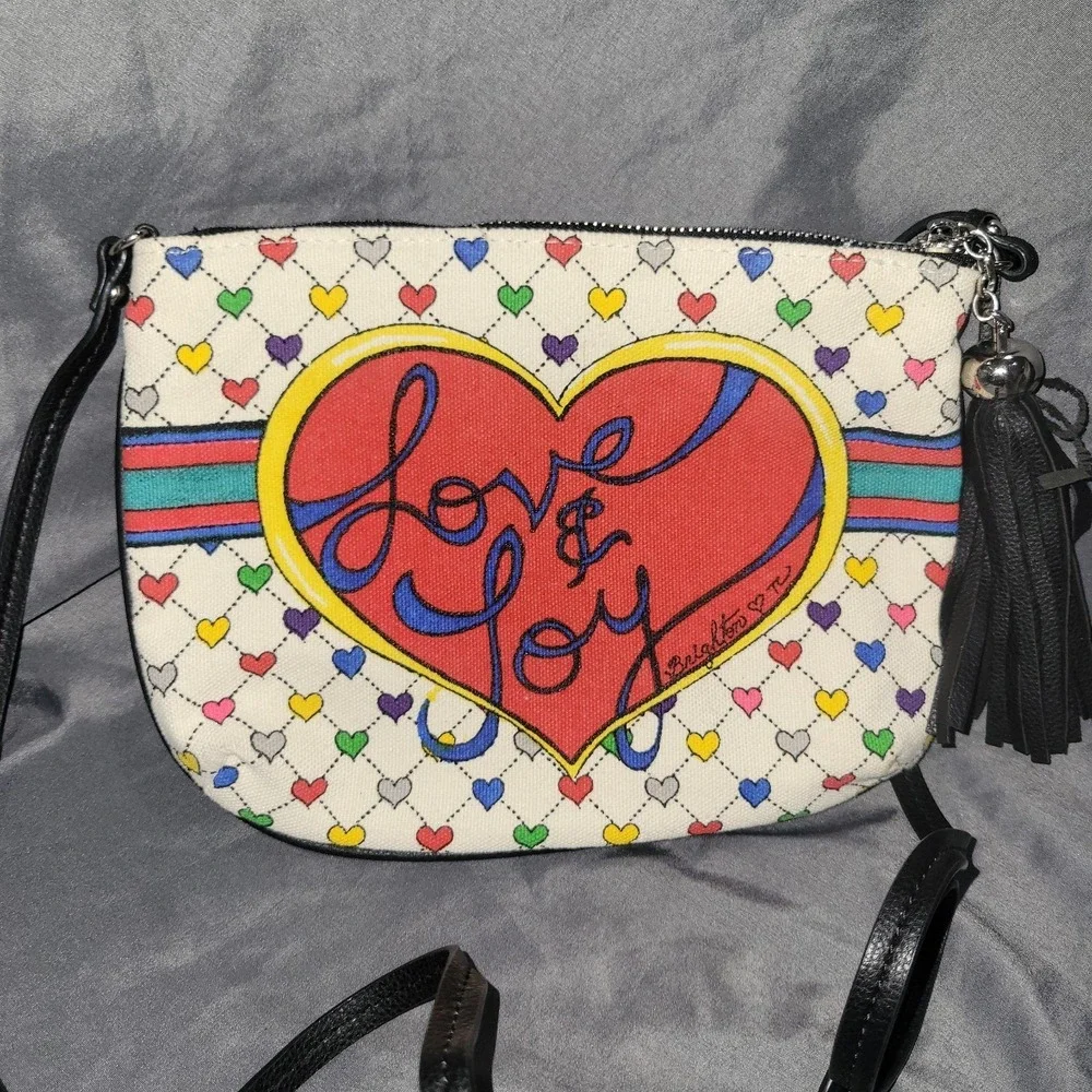 Brighton Crossbody Handbag Love & Joy Pouch Heart Tassels Graphic